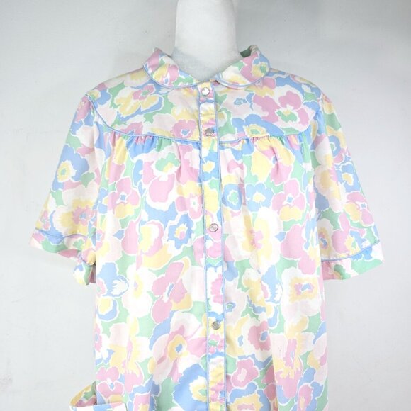 Vintage 80s 90s Cathy MultiColor  Floral Pearl Snap House Dress Nightgown Duster - Picture 2 of 9